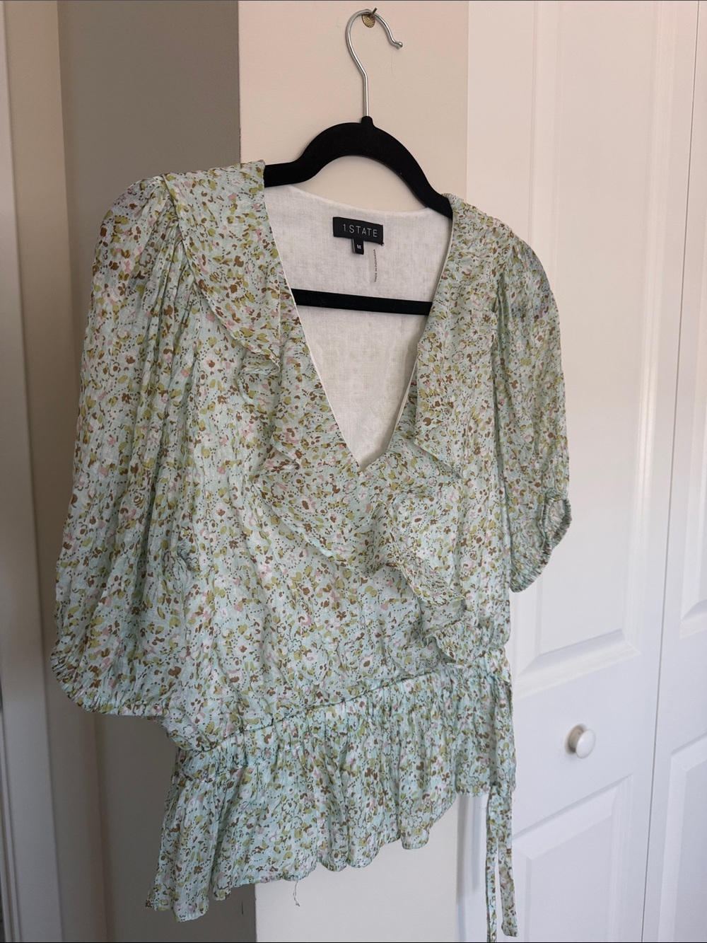 1. State Pale Green Floral Wrap Blouse with Ruffle Trim